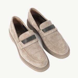 Brunello Cucinelli Taupe Suede Monili-Strap Loafers